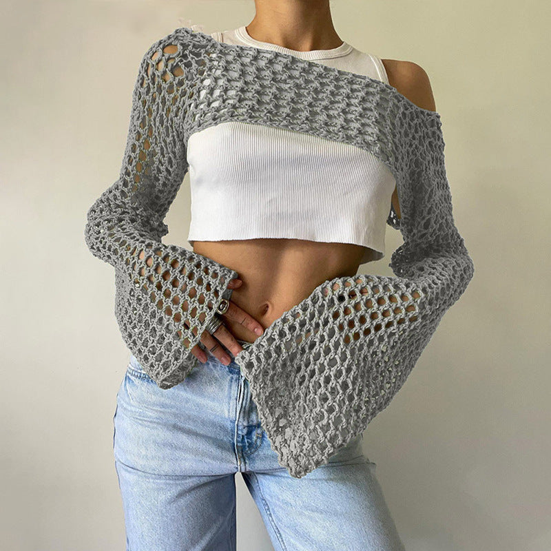 Damen gehäkelter kurzer Bolero mit asymmetrischem Schulterauschnitt und ausgestellten Ärmeln – Célinea