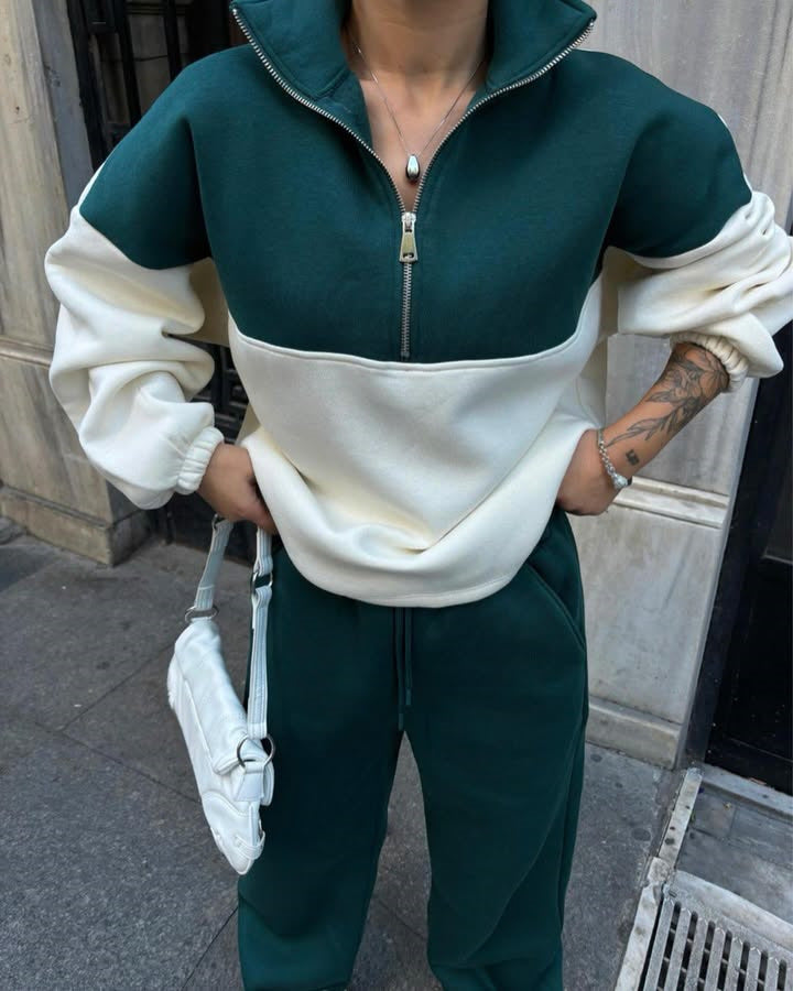 Damen Oversized Zweifarbiges Half-Zip Loungewear-Set mit Stehkragen und weitem Palazzo-Jogger – Avérine
