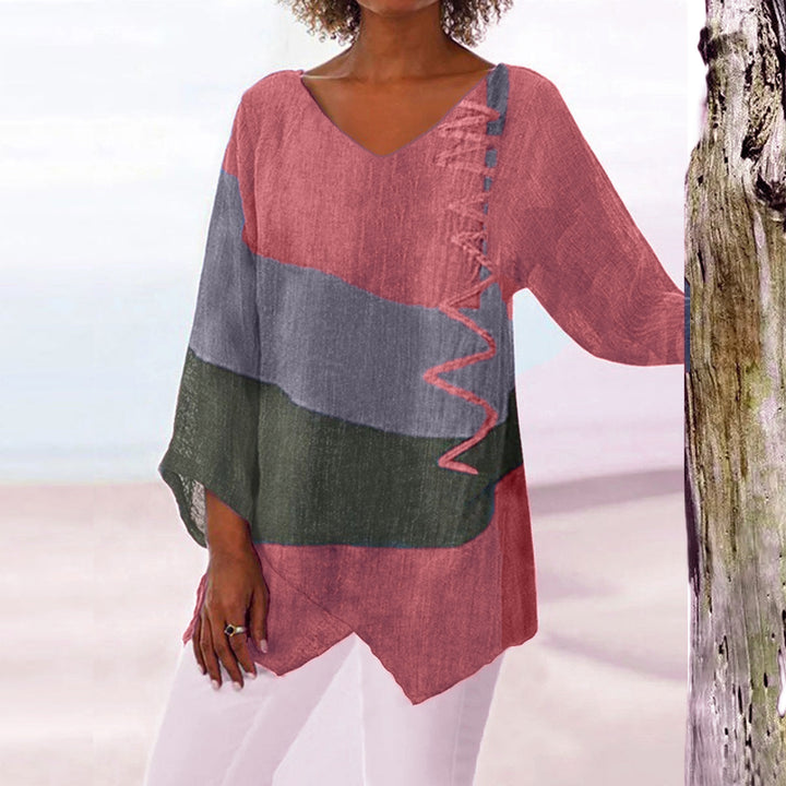 Frauen Casual A-Linien Leinenlook Tunika mit Farbblockstreifen und V-Ausschnitt – Avérine
