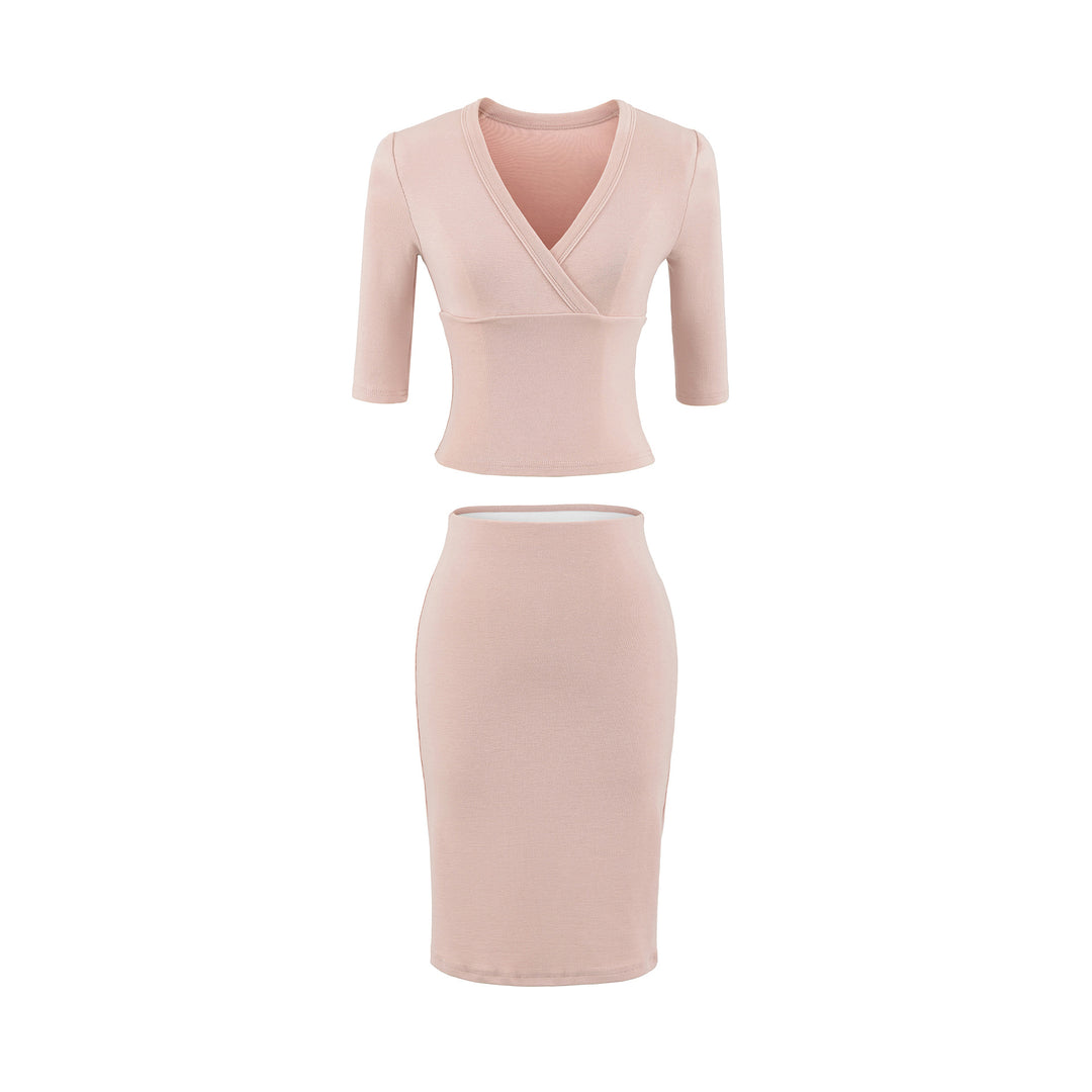 Damen Zweiteiliges figurbetontes Wickel-Top mit Dreiviertelärmeln und Highwaist-Bleistiftrock Echoarchiv