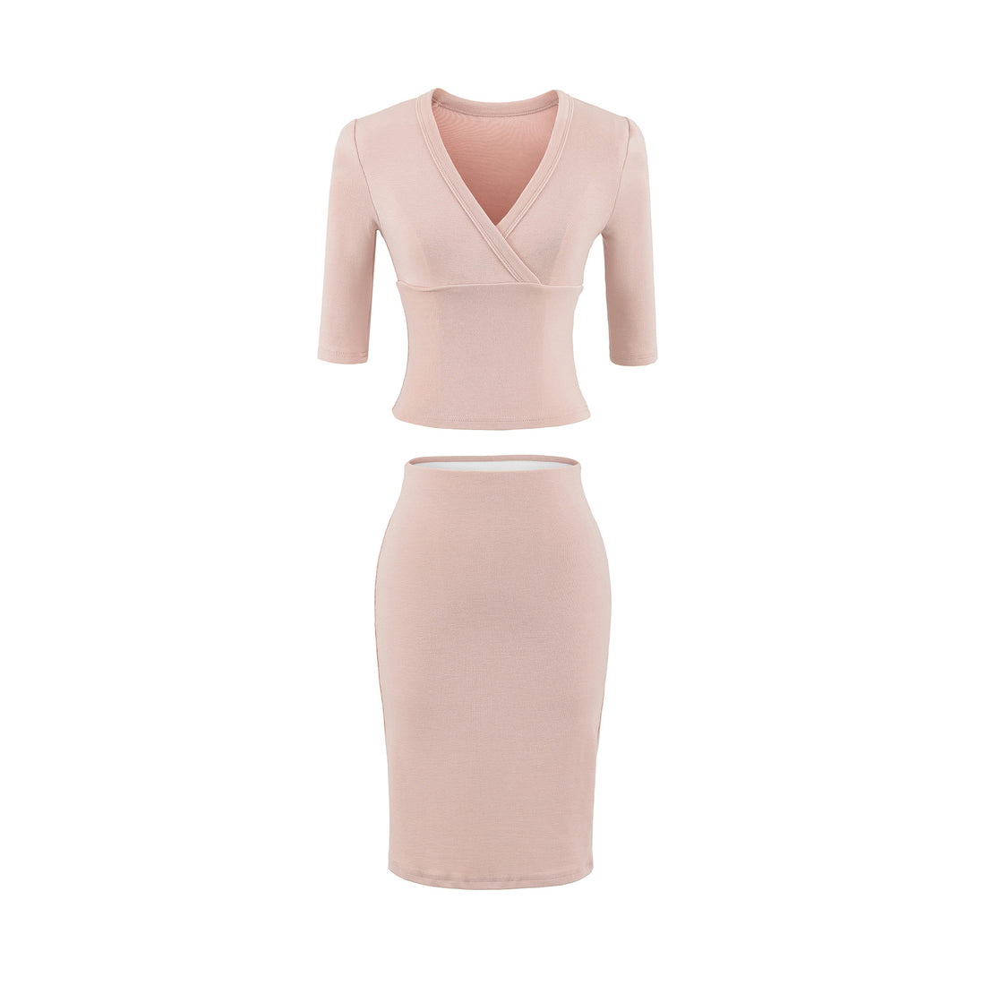 Damen Zweiteiliges figurbetontes Wickel-Top mit Dreiviertelärmeln und Highwaist-Bleistiftrock Echoarchiv