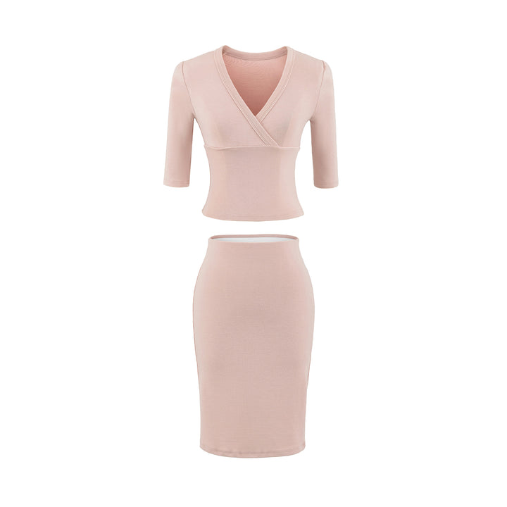 Damen Zweiteiliges figurbetontes Wickel-Top mit Dreiviertelärmeln und Highwaist-Bleistiftrock Echoarchiv