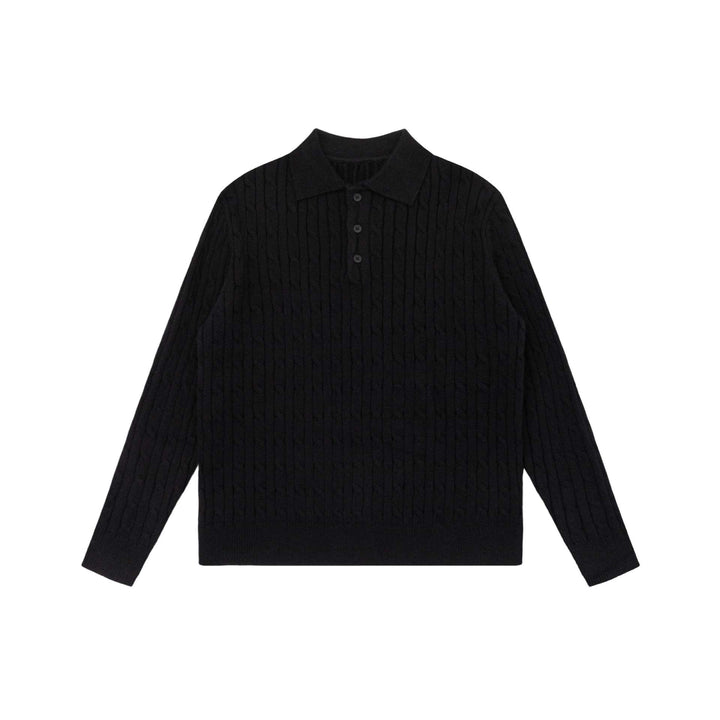 Unisex Grobstrick-Polokragen-Pullover mit Zopfmuster und halber Knopfleiste Echoarchiv