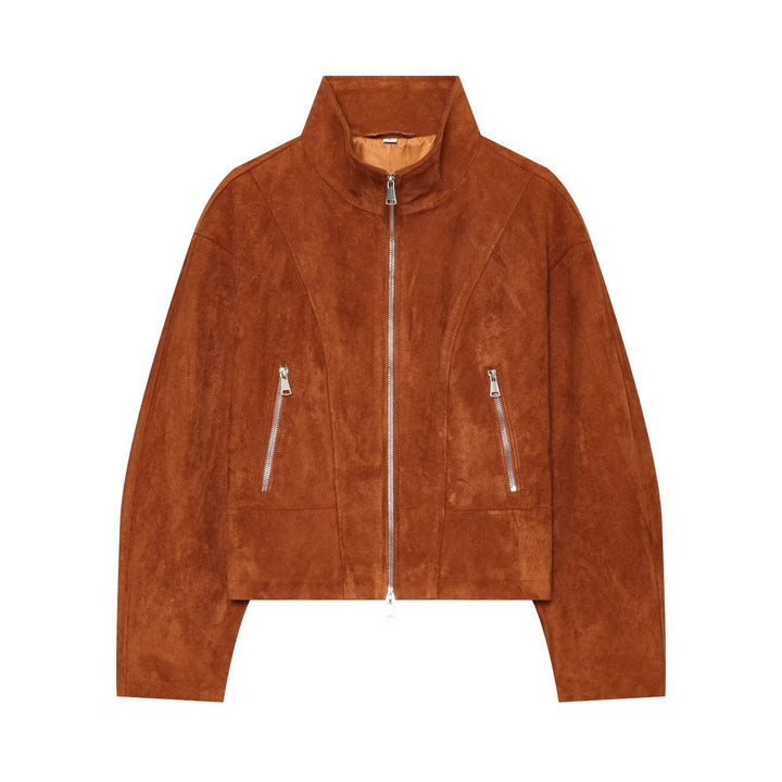Damen Kurzgeschnittener Wildleder-Blouson mit Stehkragen und Reißverschluss Echo Archiv