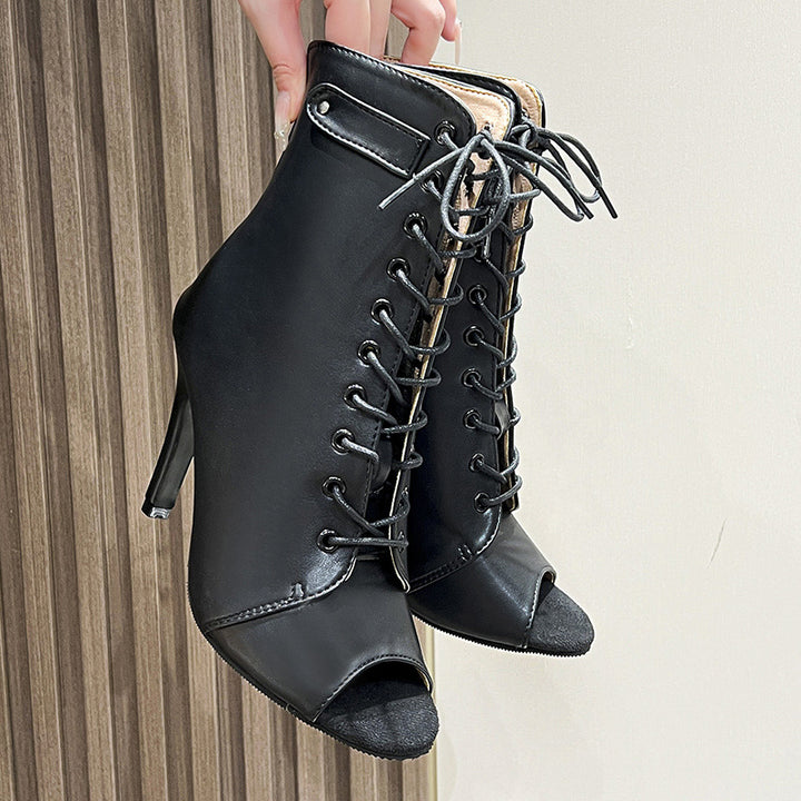 Damen Elegante Schnür-Ankleboots mit offenem Zehenbereich und schlankem Stilettoabsatz – Varelle