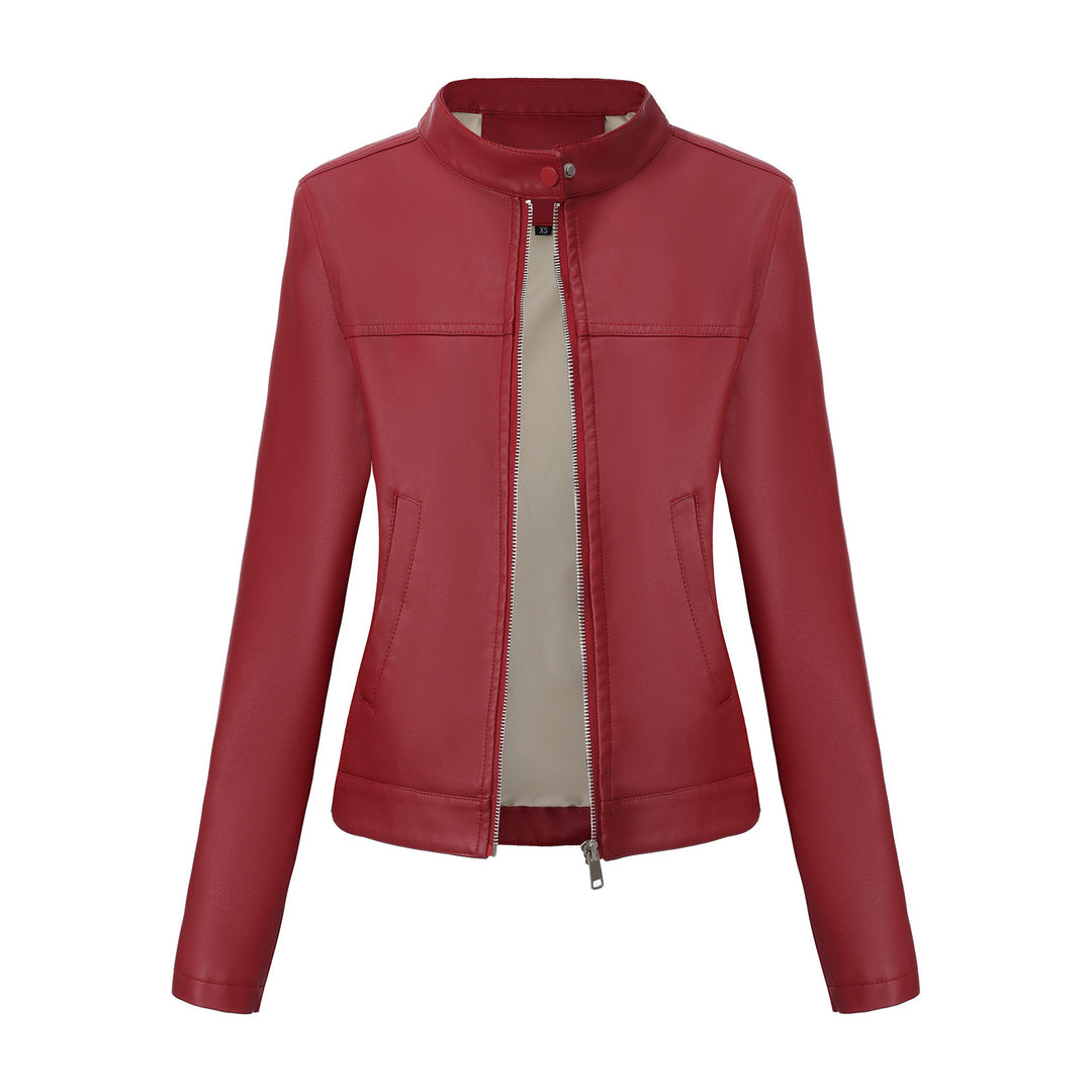 Damen nan taillierte Kunstlederjacke mit Stehkragen, verdecktem Reißverschluss und cleanem Minimaldesign Echo Archiv