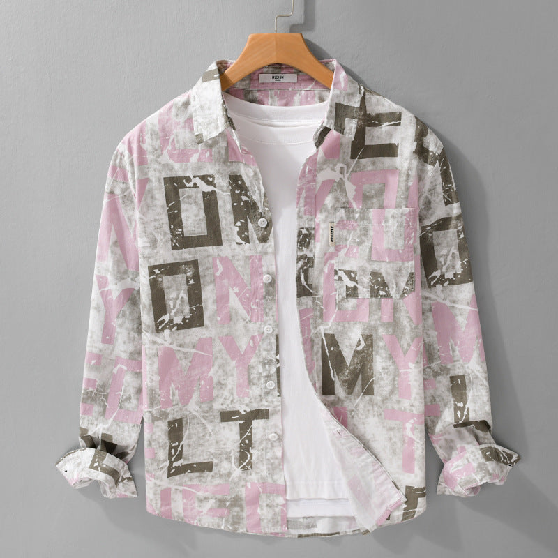 Herren Langarm-Hemdjacke mit großflächigem Typo‑Print aus Baumwollmix Echoarchiv