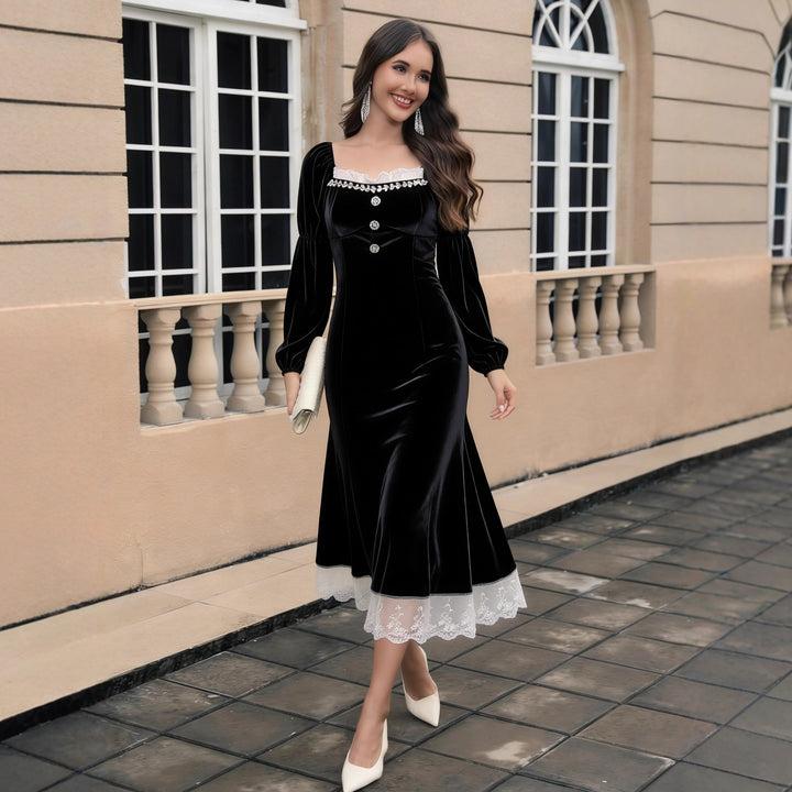 Damen Samt‑Midikleid mit quadratischem Ausschnitt, Puffärmeln und Spitzenuntertritt Echoarchiv