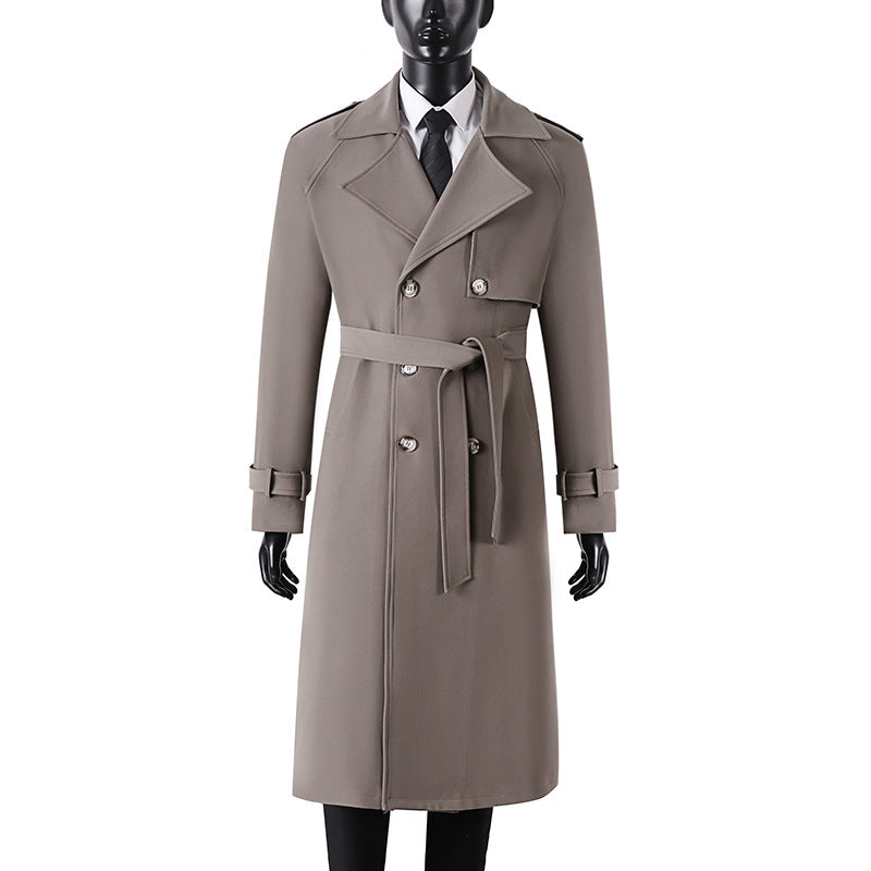 Herren Langer Minimalistischer Trenchcoat mit Sturmklappe Taillengürtel und verstellbaren Manschetten Echoarchiv