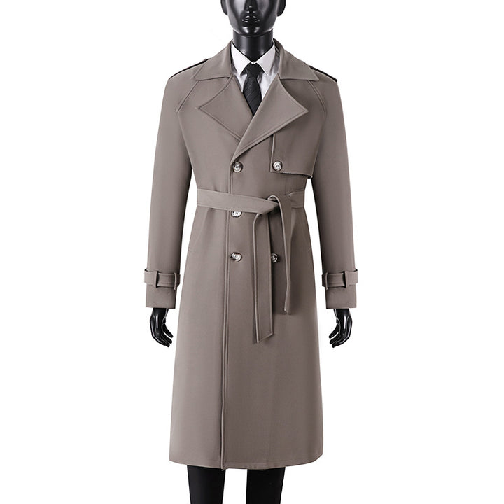 Herren Langer Minimalistischer Trenchcoat mit Sturmklappe Taillengürtel und verstellbaren Manschetten Echoarchiv