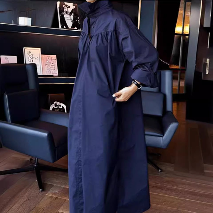 Damen Maxikleid im Oversize-Hemdstil mit Stehkragen, Schulterpasse und Eingrifftaschen Echoarchiv