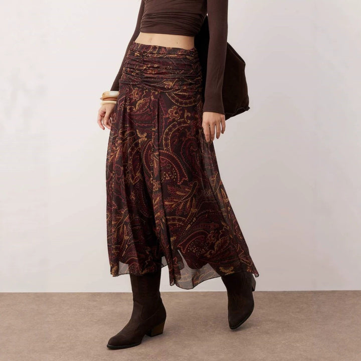 Damen Midirock im Boho‑Stil mit gerafftem Hüftbund und Paisley‑Print – Avérine