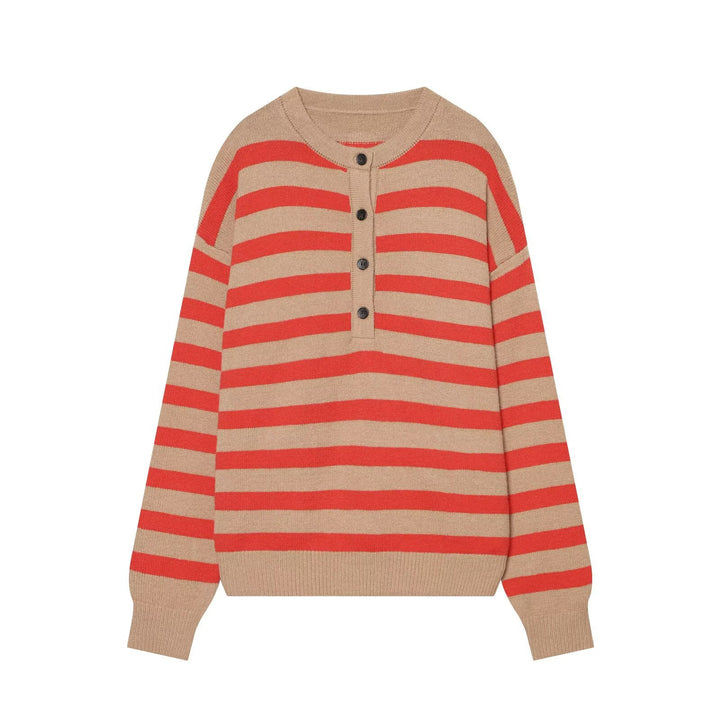 Damen Gestreifter Oversize-Strickpullover mit Henley-Knopfleiste Echoarchiv