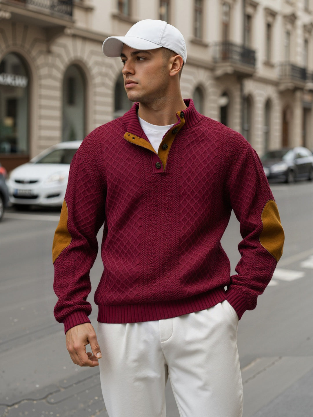 Herren Troyer-Pullover mit Stehkragen, strukturierter Strickoptik und Kontrast-Ellbogenpatches Echoarchiv