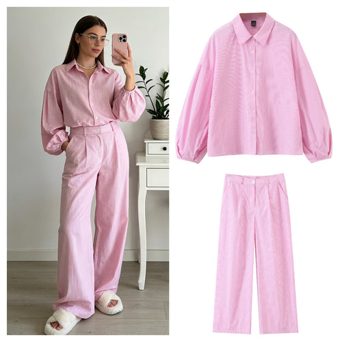 Damen Zweiteiliges gestreiftes Set mit Oversize-Hemd und High‑Waist-Plazzohose Echo Archiv