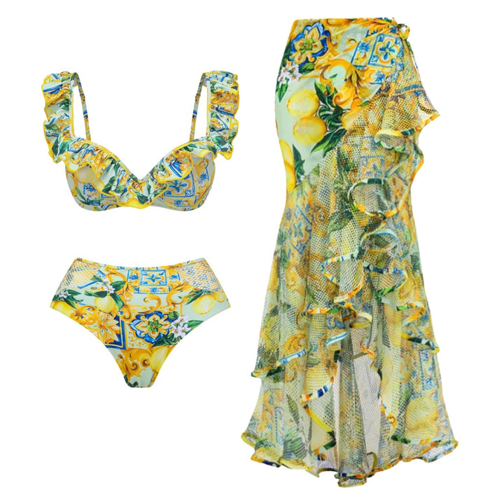Damen Bikiniset mit elegantem Rüschendesign und maxi Rock Echo Archiv
