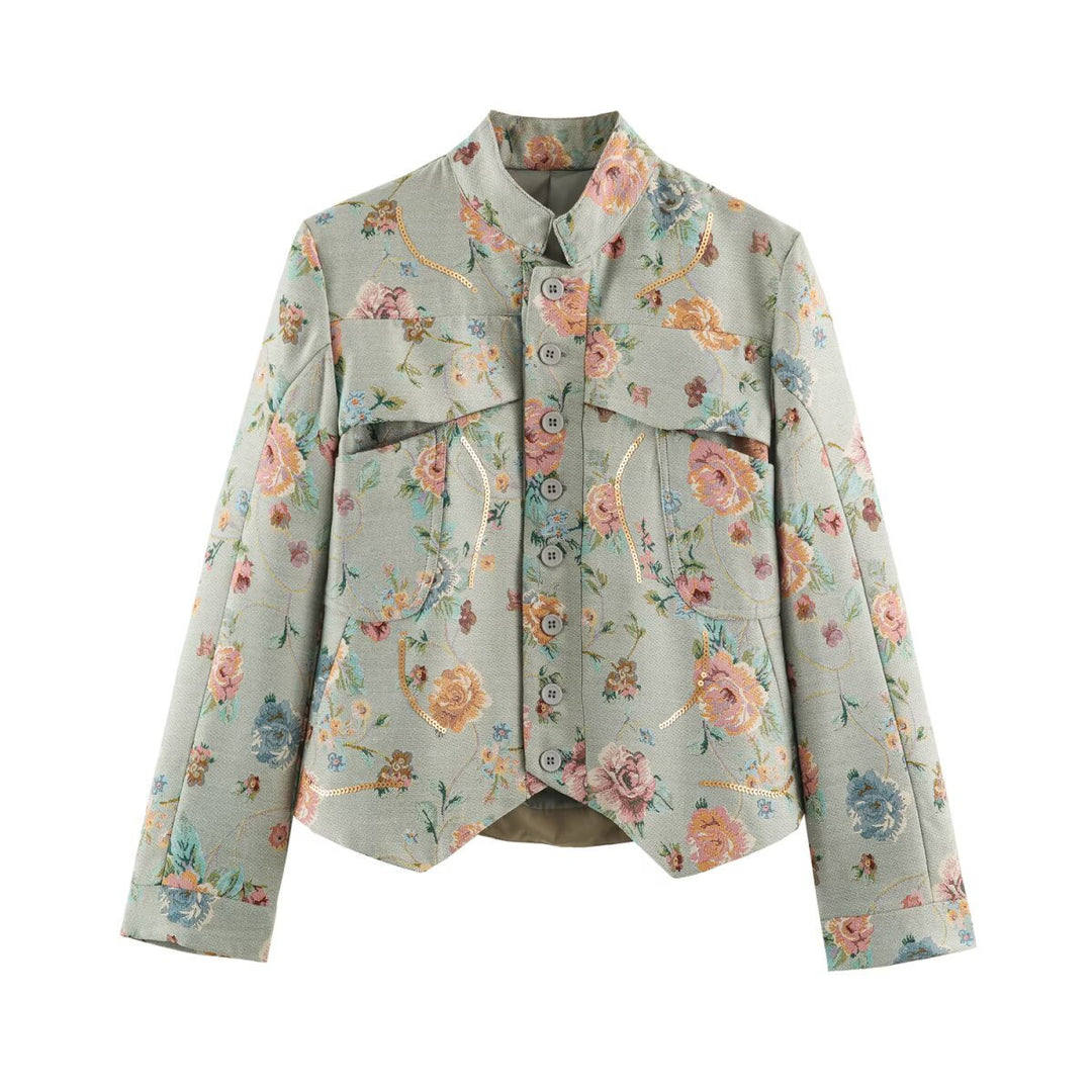 Damen geblümte Jacquard‑Kurzjacke mit Stehkragen, Pattentaschen und Paillettenbesatz Echo Archiv