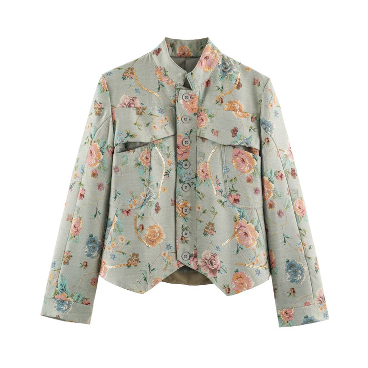 Damen geblümte Jacquard‑Kurzjacke mit Stehkragen, Pattentaschen und Paillettenbesatz Echo Archiv
