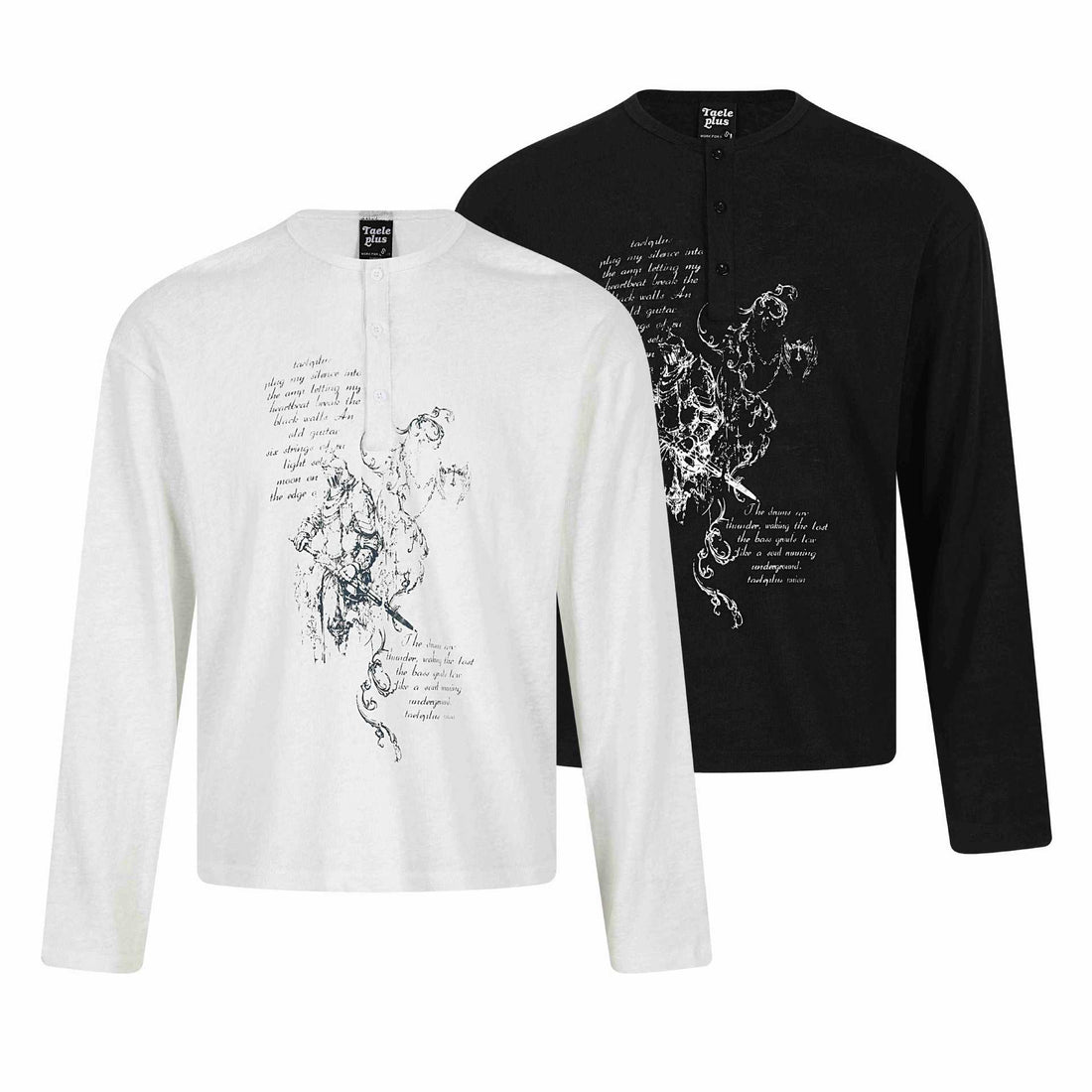 Unisex Langärmeliges Henley-Shirt mit knöpfbarer Brustleiste und Vintage-Illustrationsprint Echoarchiv