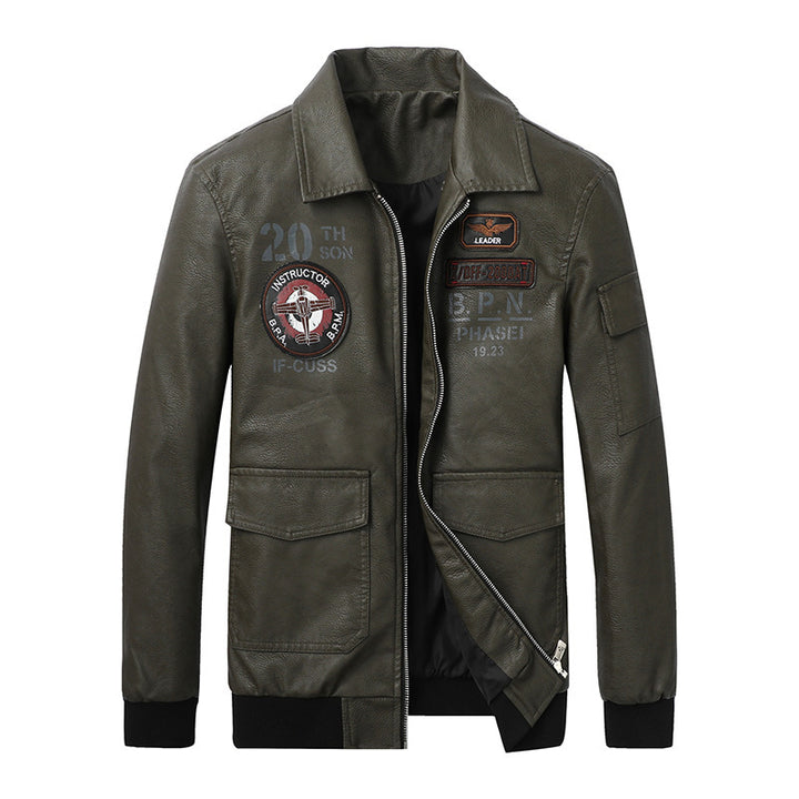 Herren Pilotenjacke aus Kunstleder mit Emblem-Patches, Pattentaschen und Rippbündchen Echo Archiv