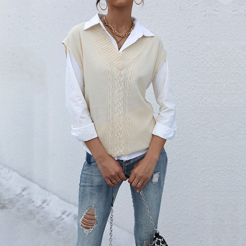 Damen Langer Strickpullunder mit Zopfmuster und V‑Ausschnitt Echoarchiv