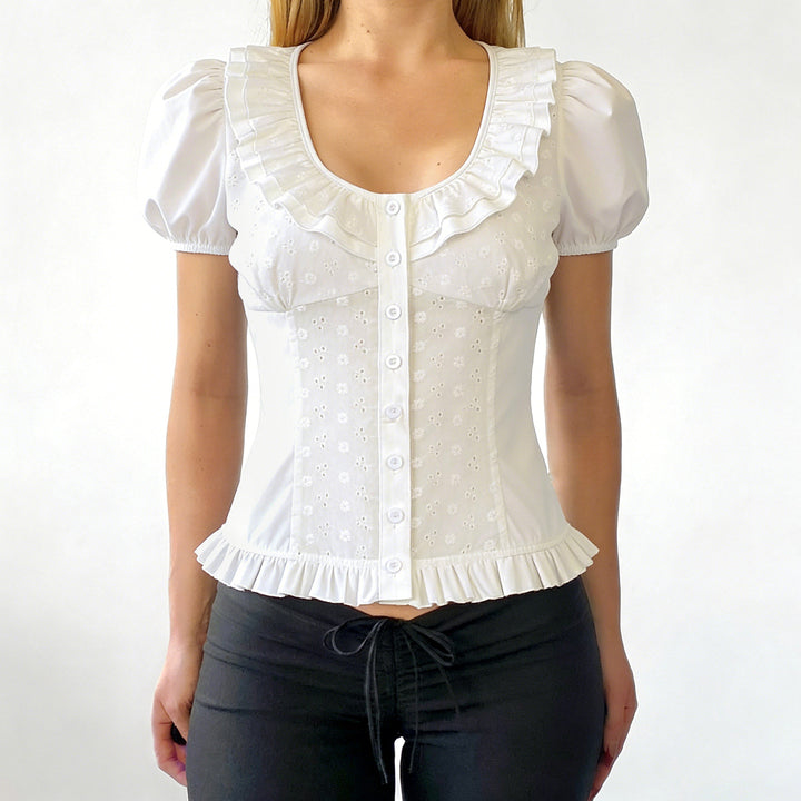 Damen Rüschenbluse mit floralem Einsatz und femininem Schnitt Echo Archiv