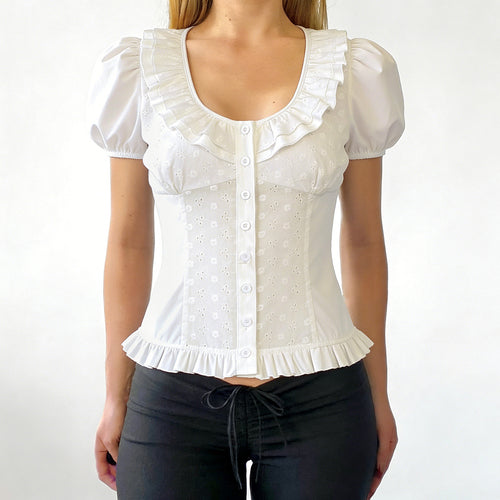 Damen Rüschenbluse mit floralem Einsatz und femininem Schnitt Echo Archiv