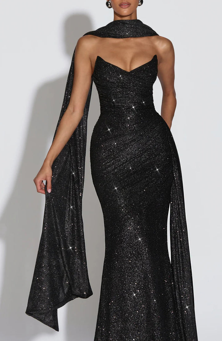 Damen Glamouröses Abendkleid mit tiefem V-Ausschnitt und schimmerndem Überwurf Echo Archiv