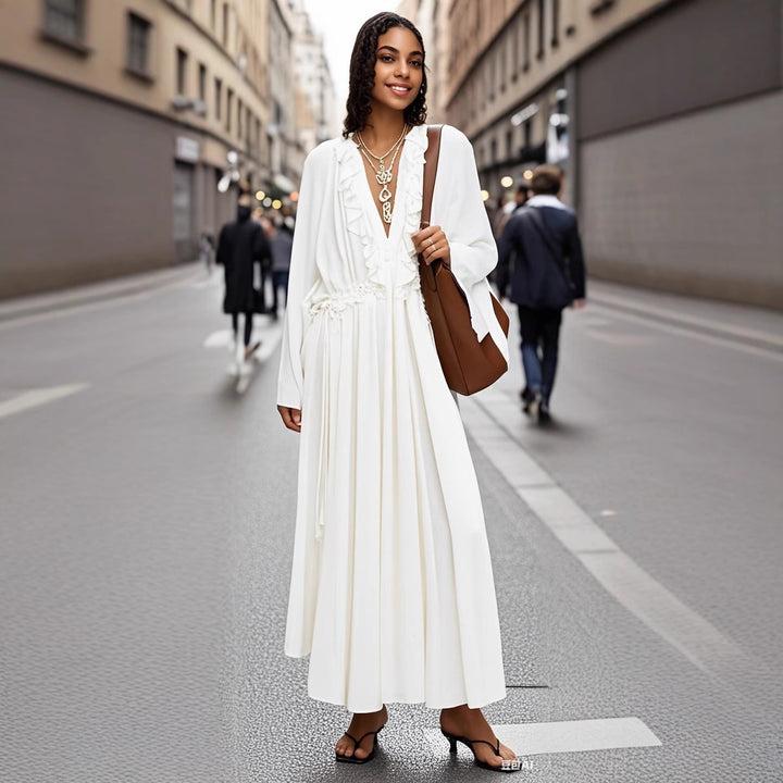 Damen Maxikleid mit Volants, Bindekragen und weitem Glockenärmel Echo Archiv