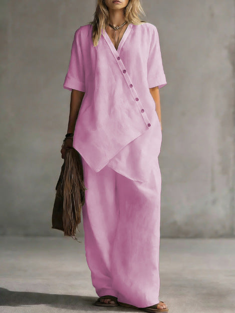 Damen Leinen-Zweiteiler mit asymmetrischer Knopfleiste und weiter Palazzo-Hose – Élanora