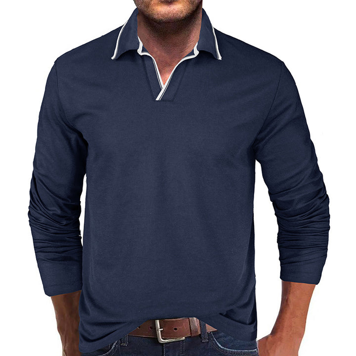 Herren Langarm Polohemd mit elegantem Stehkragen und modischen Kontrastdetails Echoarchiv