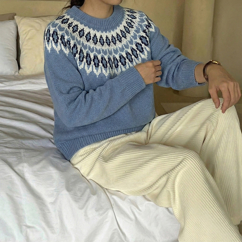 Damen Rundhals-Pullover mit Jacquard-Yoke und Relaxed-Fit Echoarchiv