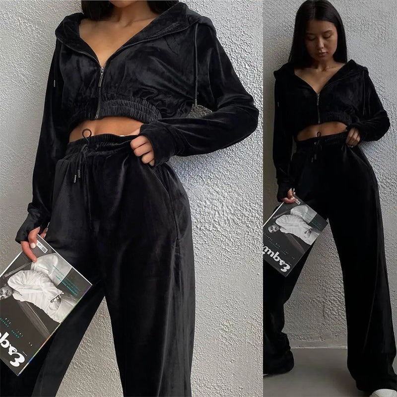 Damen Samt-Loungewear-Set mit Cropped Zip-Kapuzenjacke und weiter Palazzohose – Élanora