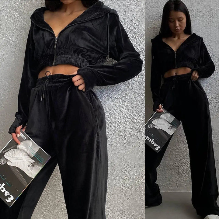 Damen Samt-Loungewear-Set mit Cropped Zip-Kapuzenjacke und weiter Palazzohose – Élanora