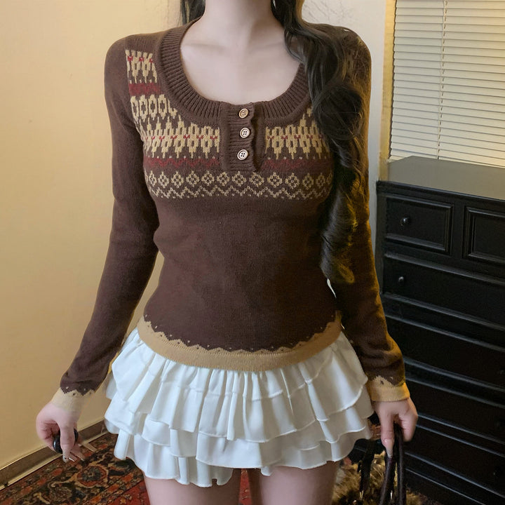 Damen nan kurzes Feinstrick V‑Pullover mit floralem Intarsienmotiv und ausgestellten Trompetenärmeln Echo Archiv