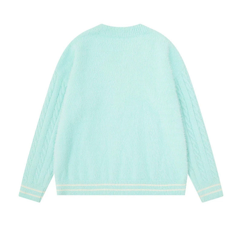 Damen V-Ausschnitt Strickpullover mit Zopfärmeln und Chenille-Katzenmotiv Echoarchiv