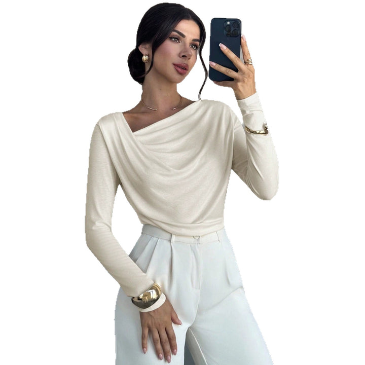 Damen elegantes drapiertes Langarm-Top mit Wasserfallkragen und taillierter Silhouette – Avérine