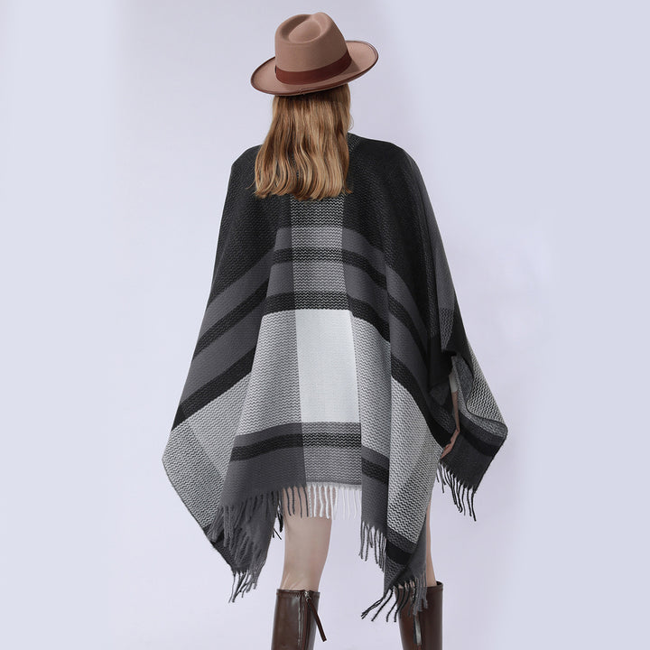 Damen Wollmix-Capeponcho mit V‑Ausschnitt, Blockstreifen und Fransen – Avérine
