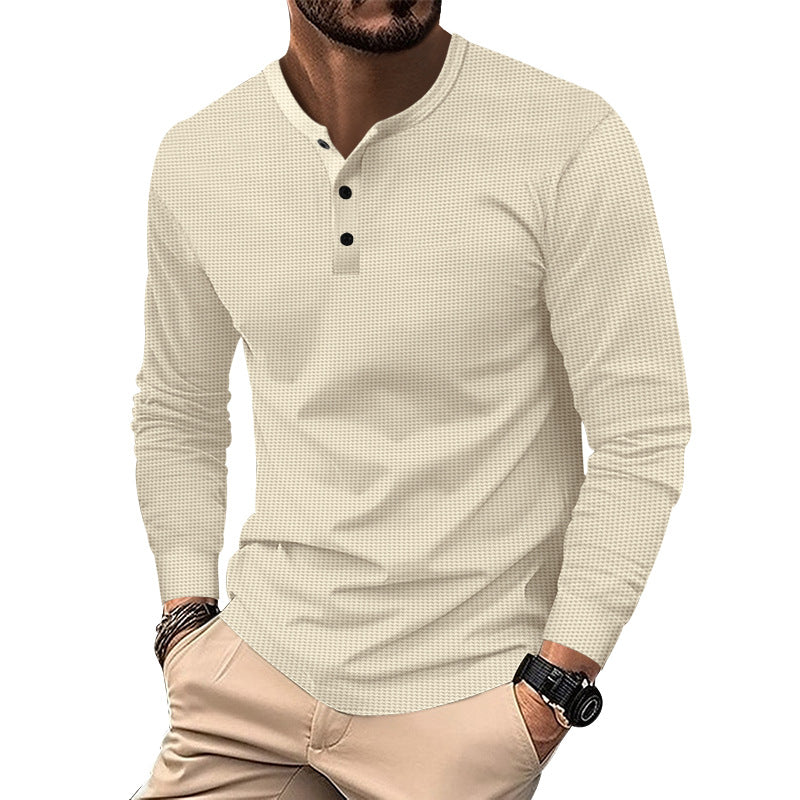 Herren langärmliges Henley-Shirt mit strukturiertem Design und modischen Knöpfen Echoarchiv