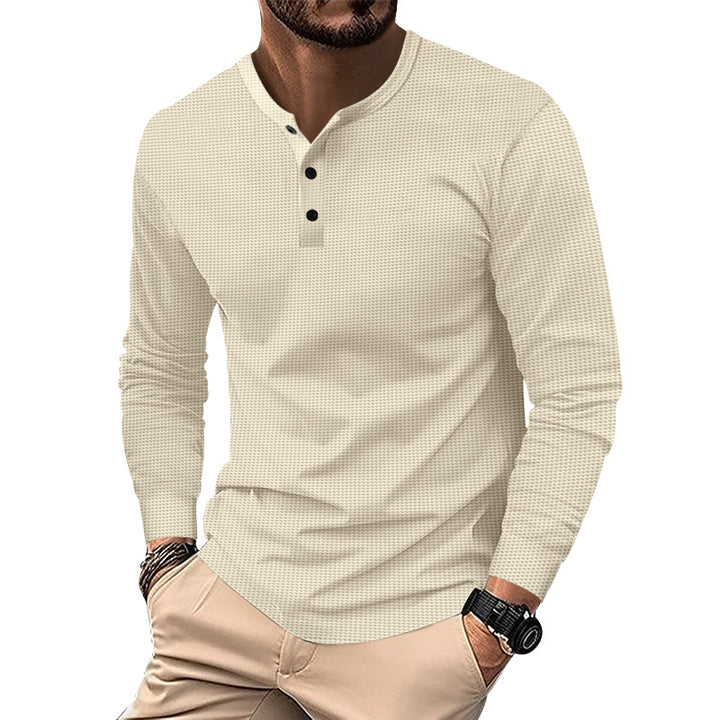 Herren langärmliges Henley-Shirt mit strukturiertem Design und modischen Knöpfen Echoarchiv