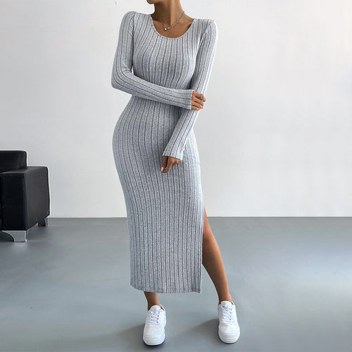 Damen figurbetontes Rippenstrick-Midikleid mit schmaler Silhouette, Rundhalsausschnitt und seitlichem Oberschenkelschlitz – Élara
