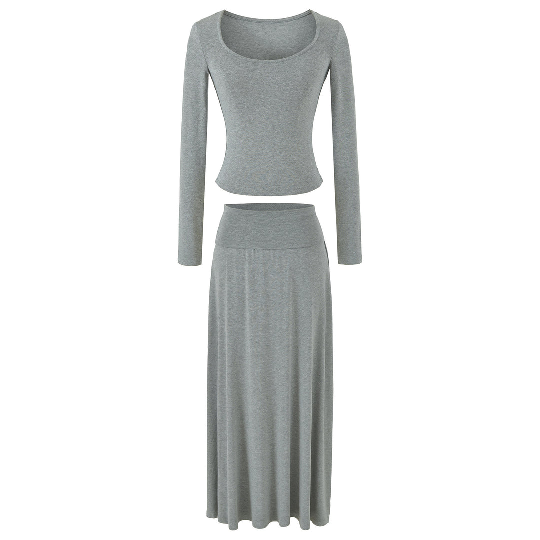 Damen Zweiteiliges Lounge-Set aus Stretch-Modal mit figurbetontem Langarm-Top und Maxirock Echoarchiv