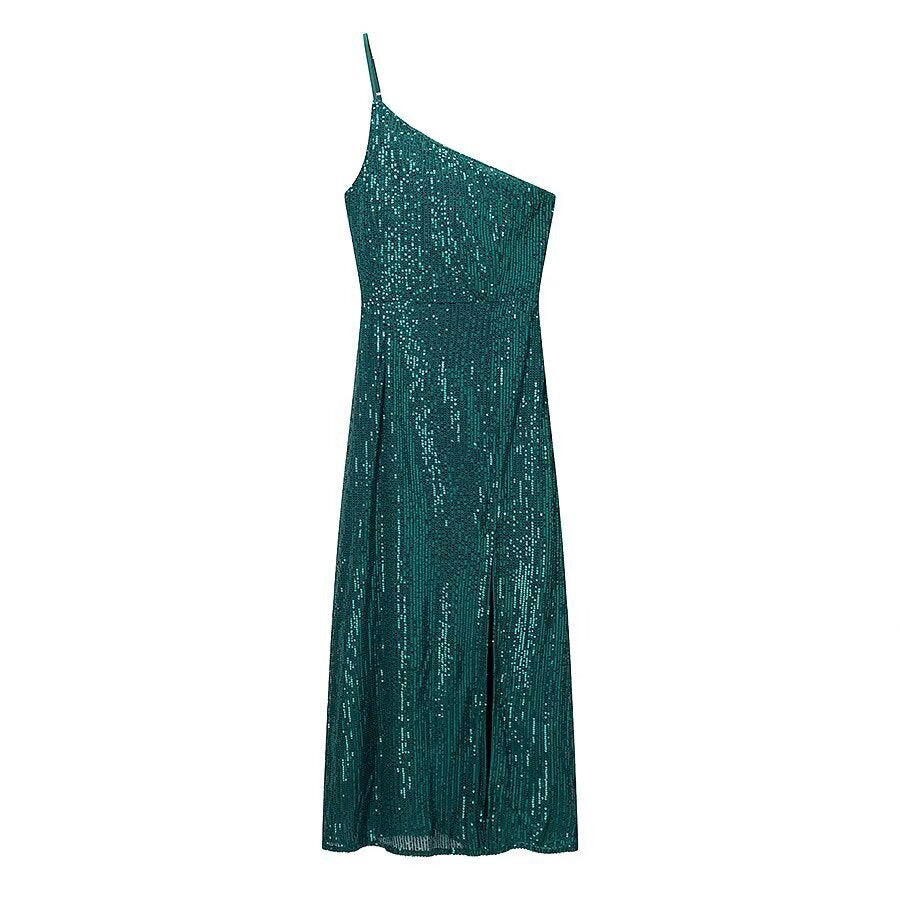 Damen glamouröses Abendkleid mit asymmetrischem Schnitt und schimmernden Pailletten Echo Archiv