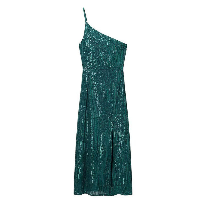 Damen glamouröses Abendkleid mit asymmetrischem Schnitt und schimmernden Pailletten Echo Archiv