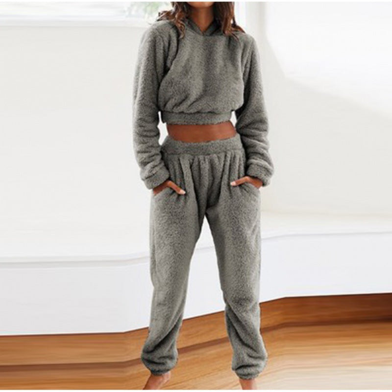 Damen Kuschelige Teddy-Fleece-Loungewear mit Cropped-Hoodie und High-Waist-Jogginghose Echo Archiv