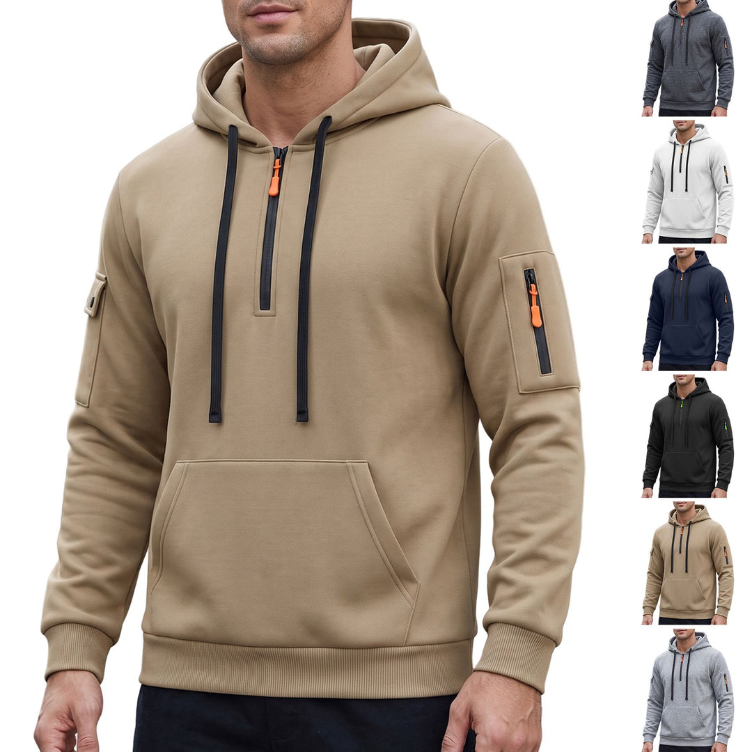 Herren Kapuzenpullover mit halbem Reißverschluss und Utility-Ärmeltasche – Cavarno