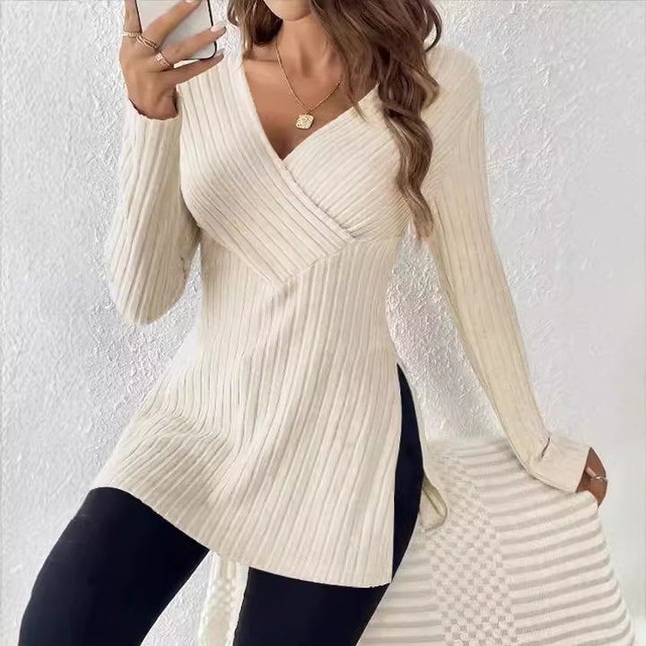 Damen Gerippter Wickel‑V‑Ausschnitt Longpullover mit Taillenbetonung und Seitenschlitzen Echoarchiv