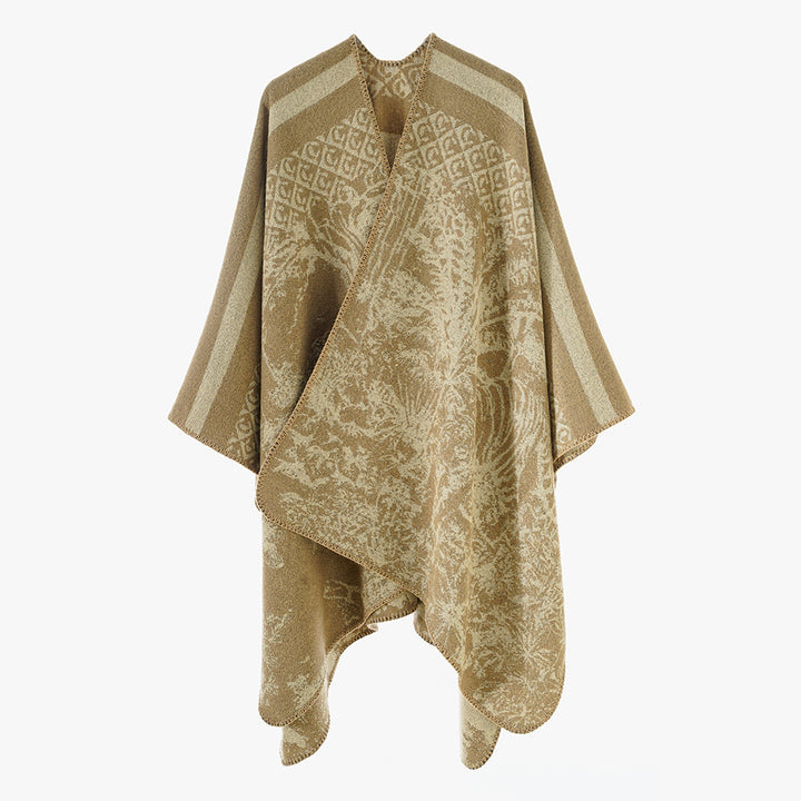 Damen Jacquard-Strickcape mit Stehkragen und grafischem Waldmotiv – Avérine