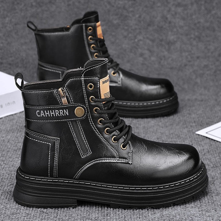 Herren robuste Lederoptik Combat-Boots mit seitlichem Reißverschluss und gepolsterter Plateausohle – Tavélo