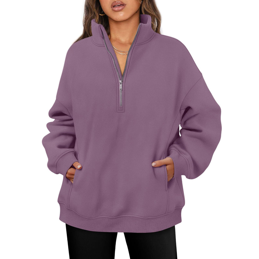 Damen nan oversized Halbzip-Pullover mit Stehkragen, Kängurutasche und Rippbündchen Echo Archiv